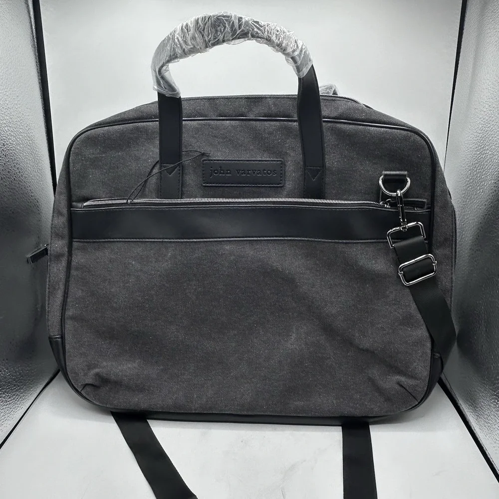 John Varvatos Canvas Tote‎ Lightweight Laptop Messenger Bag Vegan Leather Trim